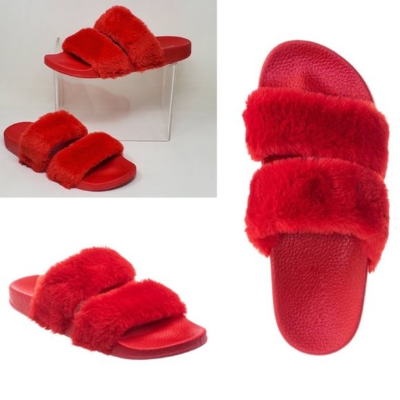Shoes - Gorgeous Red Faux Fur Strap Slide Slipper Sandals